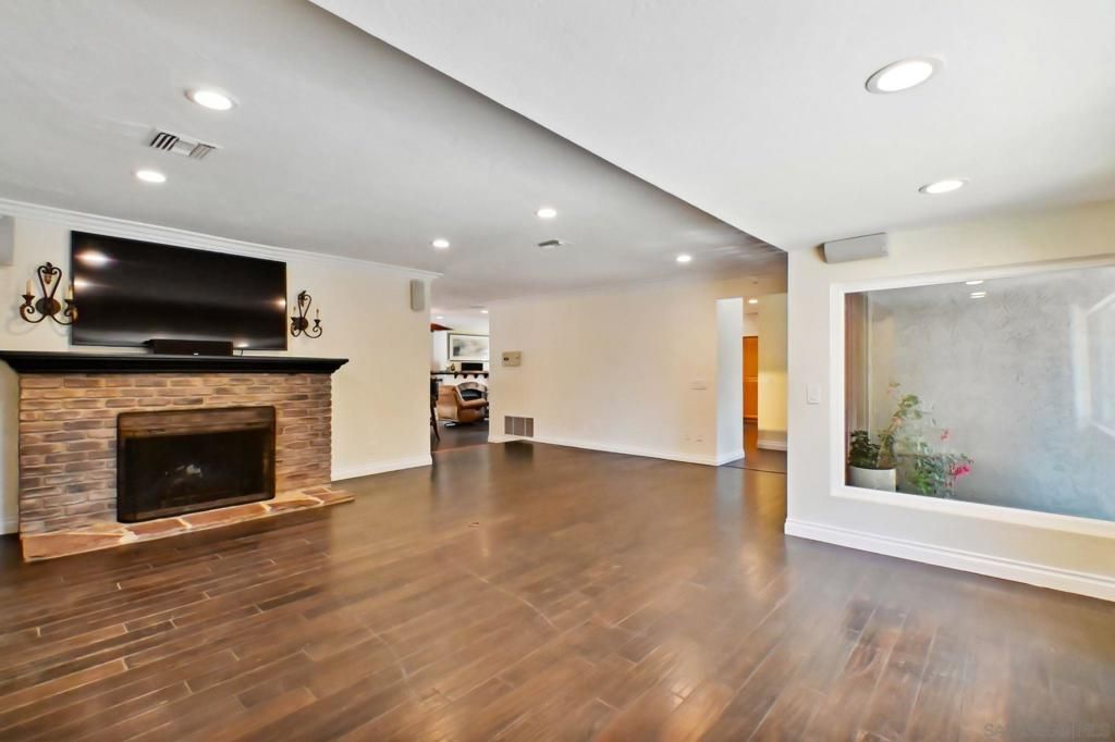 Empty room, Fireplace, Interior, Recessed Lighting, Wood Texture Flooring