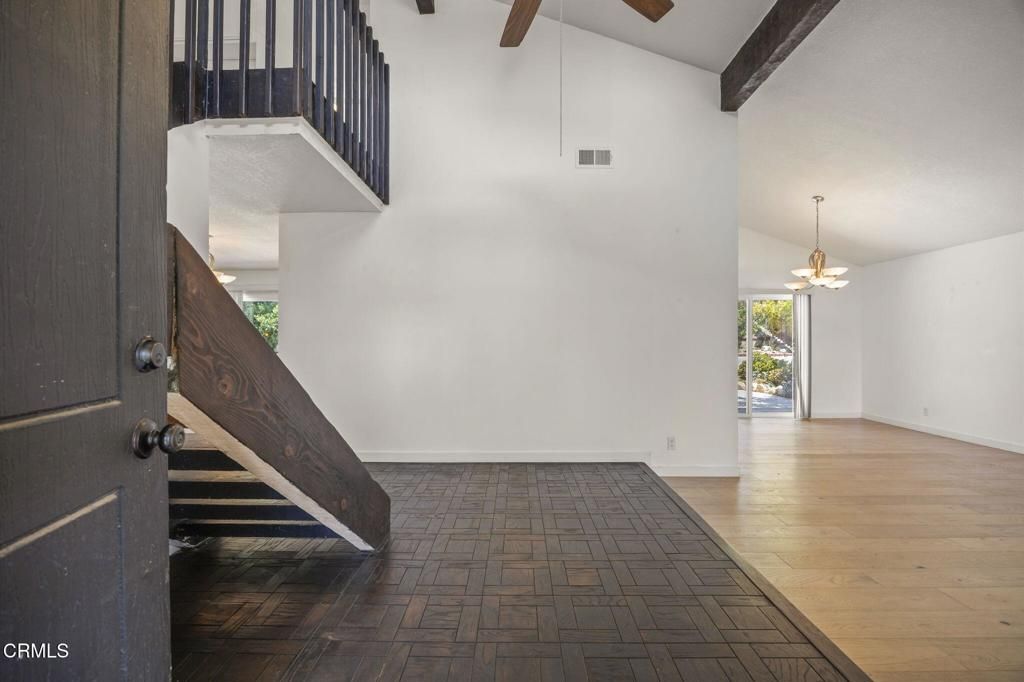 Empty room, Interior, Pendant Lights, Wooden Beams, Wood Texture Flooring