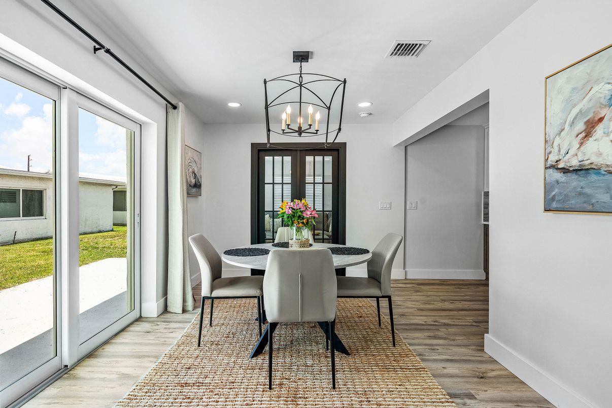 Dining room, Interior, Recessed Lighting, Wood Texture Flooring