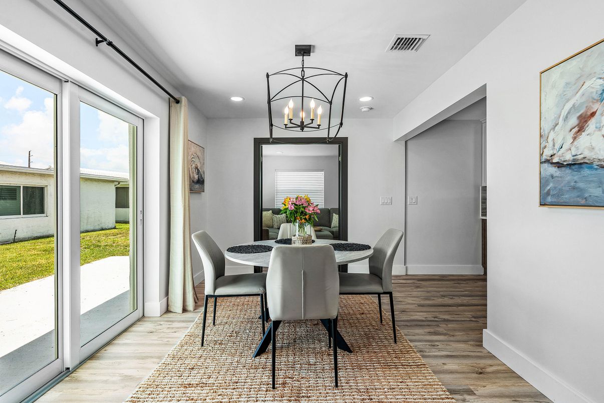 Dining room, Interior, Recessed Lighting, Wood Texture Flooring