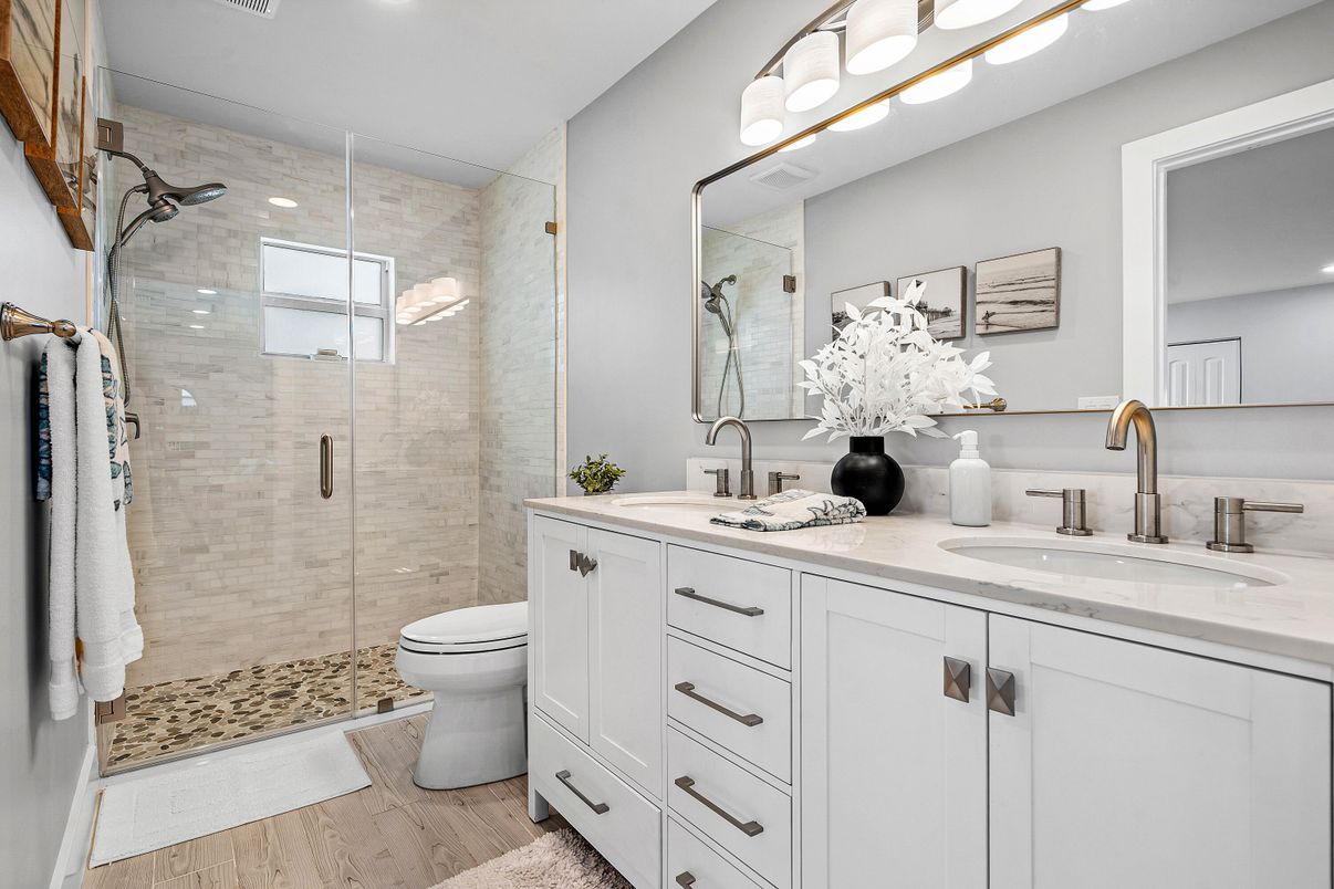 Bathroom, Dual Sink Vanities, Glass Shower, Interior, Recessed Lighting