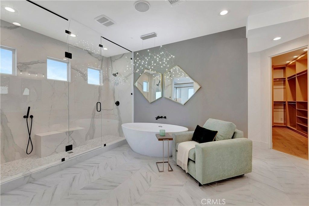 Bathroom, Free Standing Baths, Glass Shower, Interior, Marble, Marble Walls, Pendant Lights, Recessed Lighting