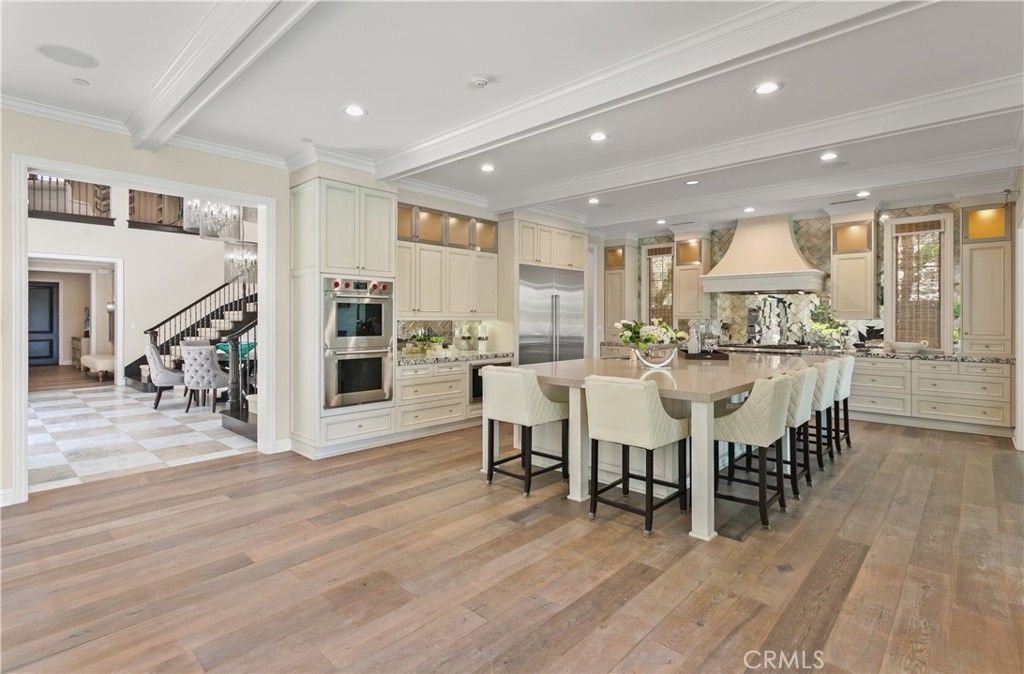 Chandelier, Interior, Kitchen, Recessed Lighting, Stainless Steel Appliances, Wood Texture Flooring