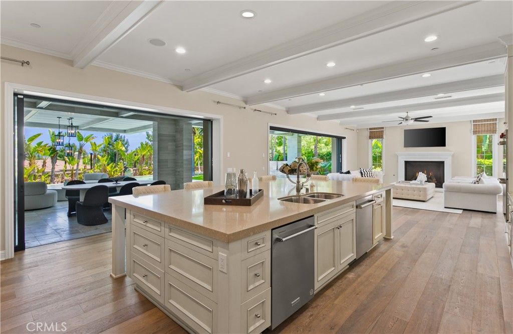 Dining room, Fireplace, Interior, Kitchen, Living room, Recessed Lighting, Wood Texture Flooring