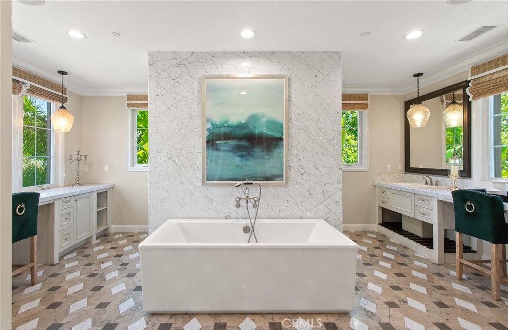 Bathroom, Dual Sink Vanities, Interior, Marble Walls, Pendant Lights, Recessed Lighting