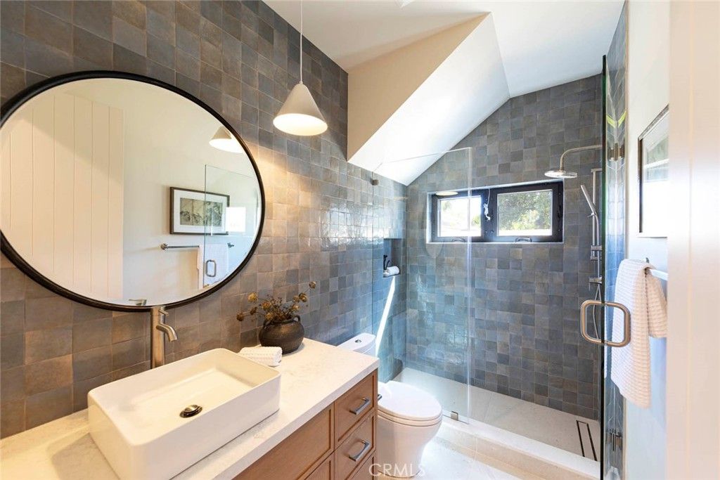 Bathroom, Glass Shower, Interior, Pendant Lights, Stone Walls