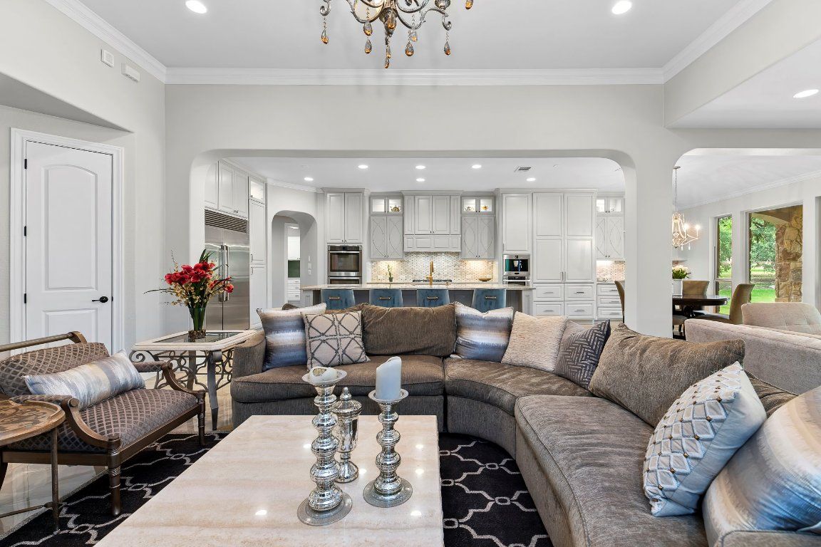 Chandelier, Dining room, Interior, Kitchen, Living room, Recessed Lighting, Stainless Steel Appliances
