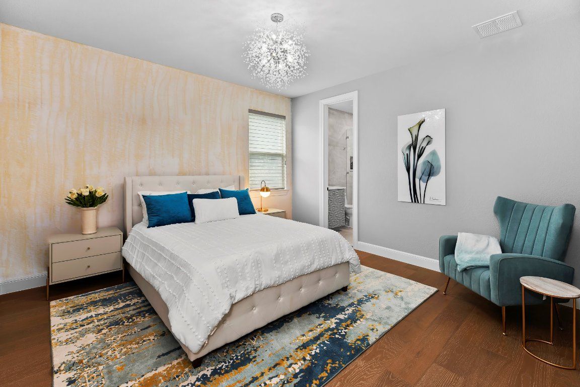 Bedroom, Chandelier, Interior, Wood Texture Flooring