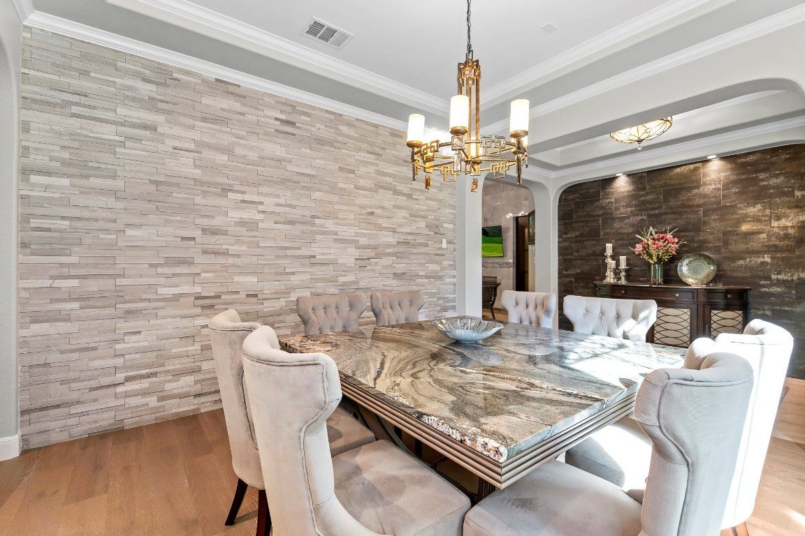 Chandelier, Dining room, Interior, Stone Walls, Wood Texture Flooring