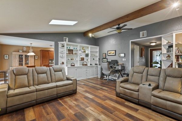 Home Office, Interior, Living room, Pendant Lights, Wooden Beams, Wood Texture Flooring
