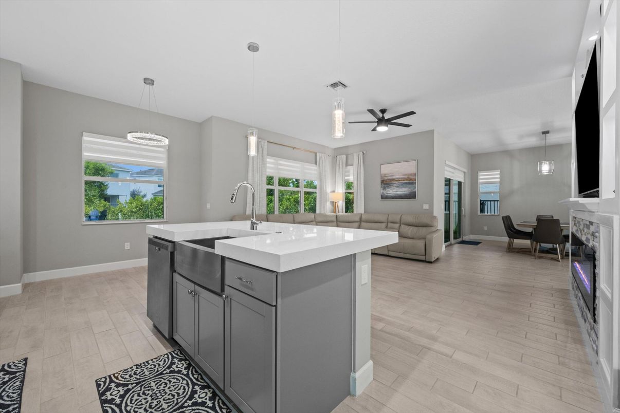 Dining room, Fireplace, Interior, Kitchen, Living room, Pendant Lights, Wood Texture Flooring