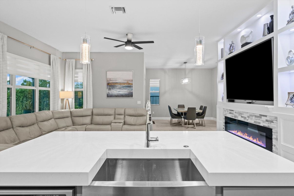 Dining room, Fireplace, Interior, Living room, Pendant Lights, Recessed Lighting