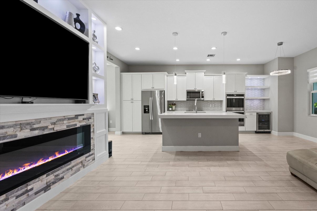 Fireplace, Interior, Kitchen, Pendant Lights, Recessed Lighting, Stainless Steel Appliances