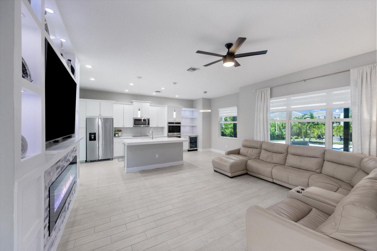 Interior, Kitchen, Living room, Recessed Lighting, Stainless Steel Appliances, Wood Texture Flooring