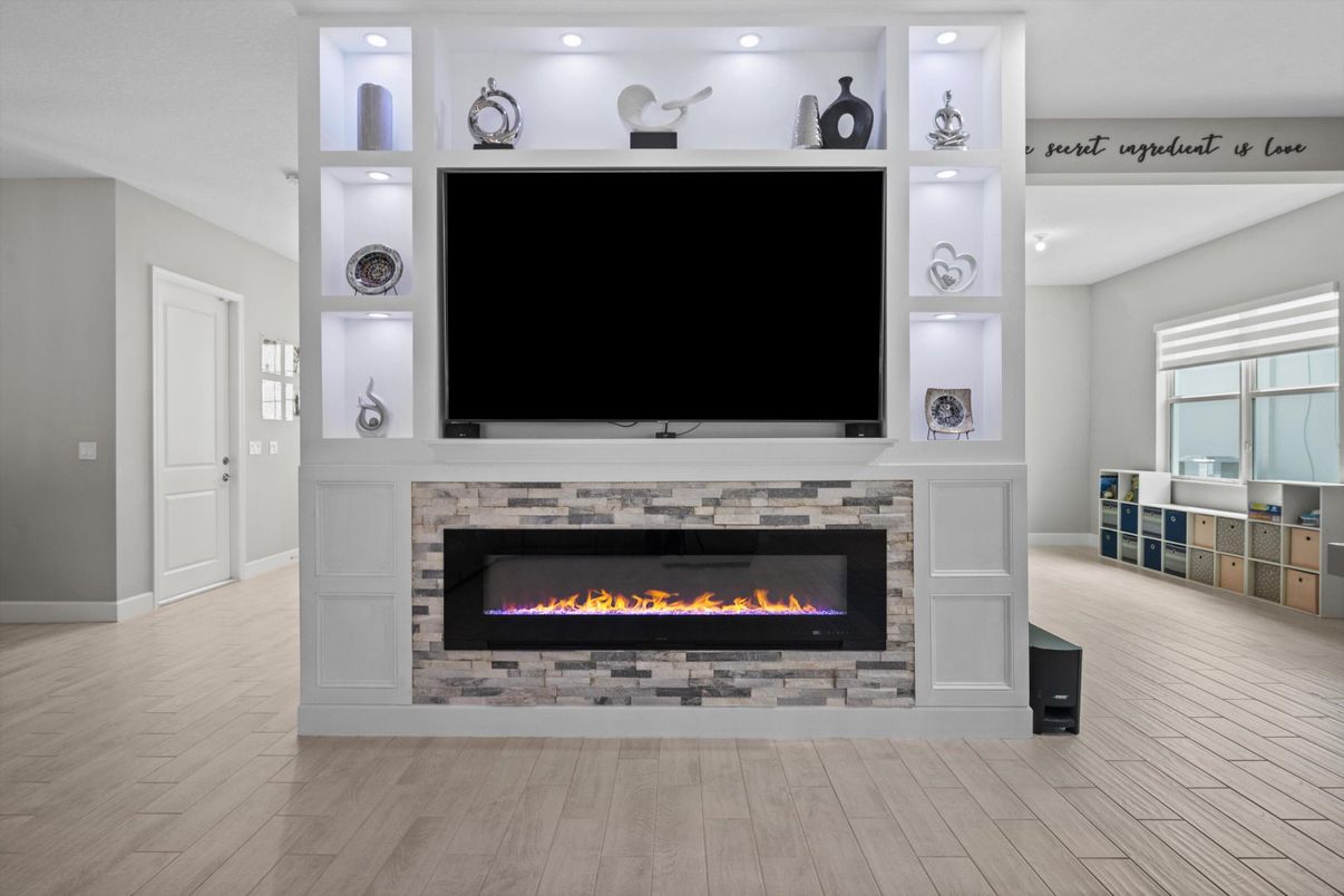 Fireplace, Interior, Recessed Lighting, Wood Texture Flooring