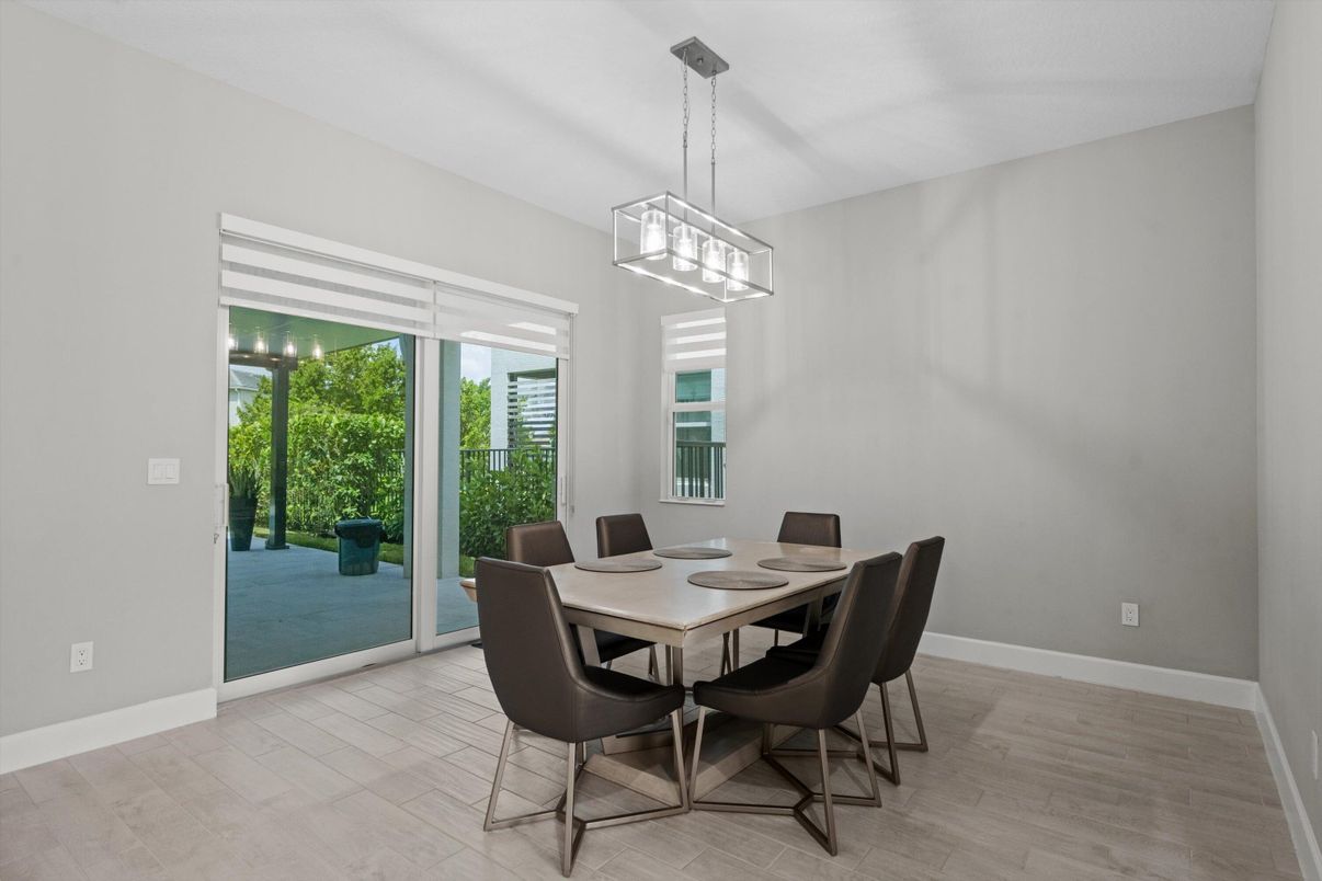 Dining room, Interior, Pendant Lights, Wood Texture Flooring