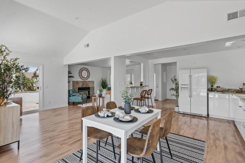 Dining room, Fireplace, Interior, Kitchen, Wood Texture Flooring