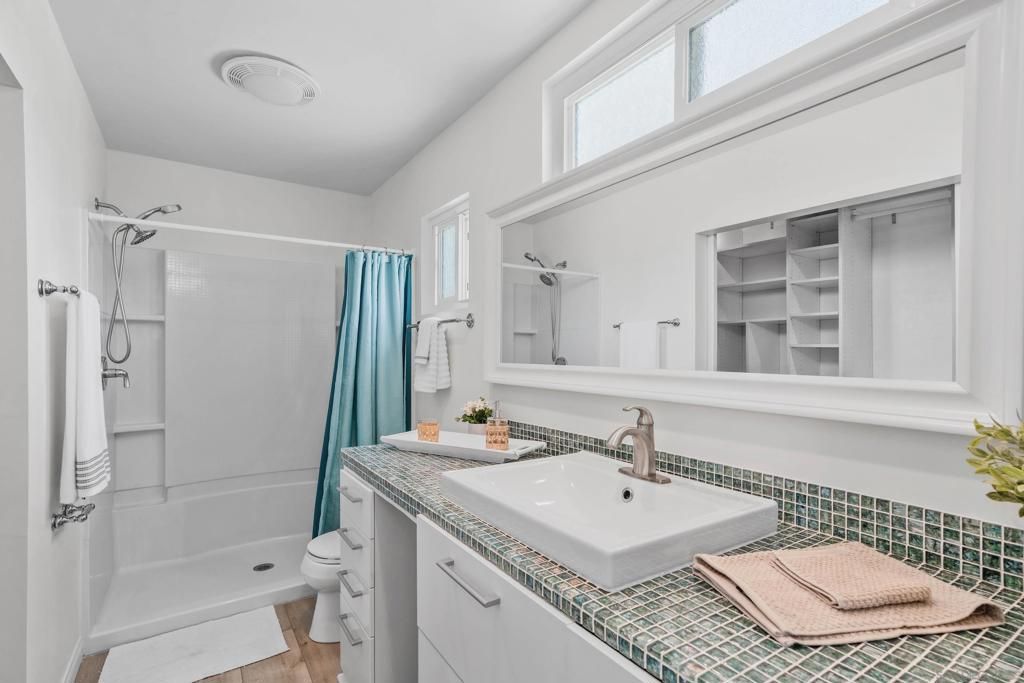 Bathroom, Interior, Tile Countertops, Wood Texture Flooring