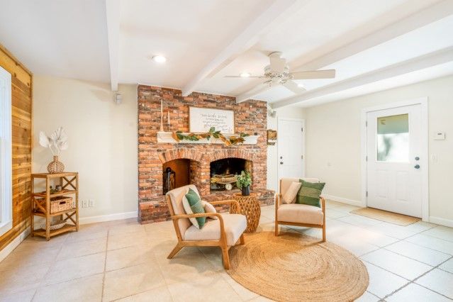 Fireplace, Interior, Living room, Recessed Lighting, Stone Walls
