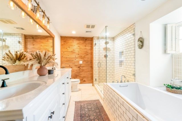 Bathroom, Dual Sink Vanities, Glass Shower, Interior, Recessed Lighting, Wooden Walls