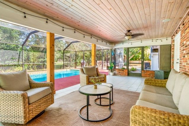 Glass Ceilings, Interior, Living room, Pool, Stone Walls, Sun Room, Wooden Ceilings