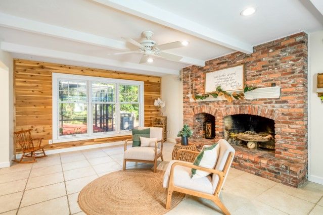 Fireplace, Interior, Living room, Recessed Lighting, Stone Walls, Wooden Walls