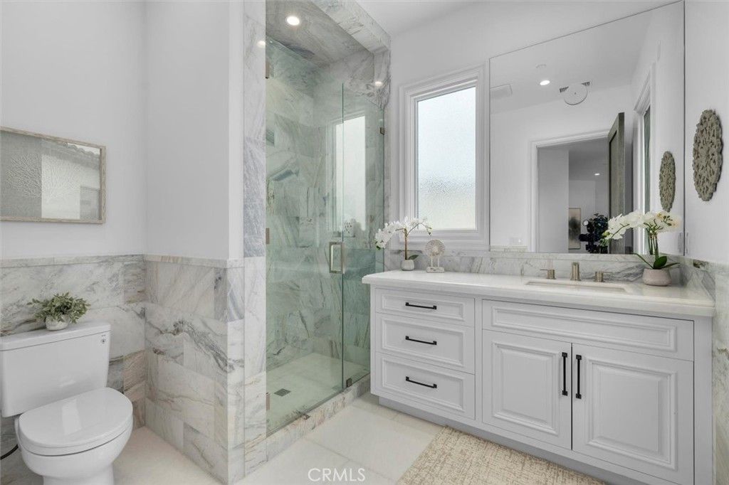 Bathroom, Glass Shower, Interior, Marble Walls, Recessed Lighting