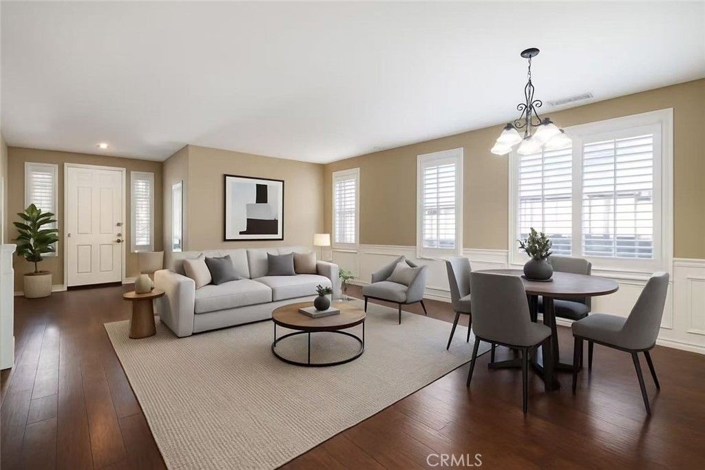 Dining room, Interior, Living room, Recessed Lighting, Wood Texture Flooring