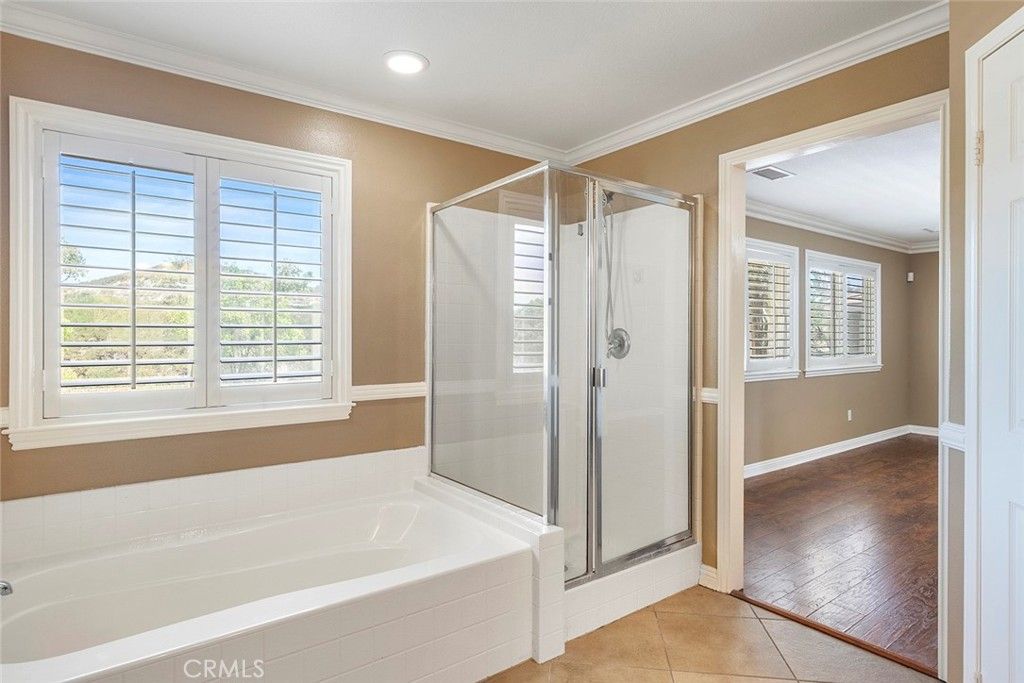 Bathroom, Glass Shower, Interior, Recessed Lighting, Wood Texture Flooring