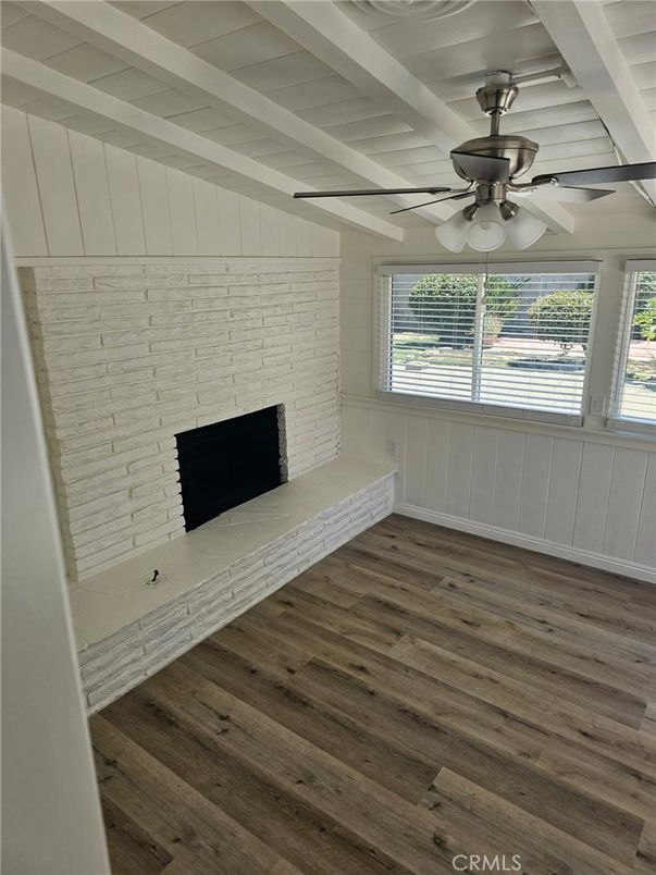 Empty room, Fireplace, Interior, Stone Walls, Wood Texture Flooring