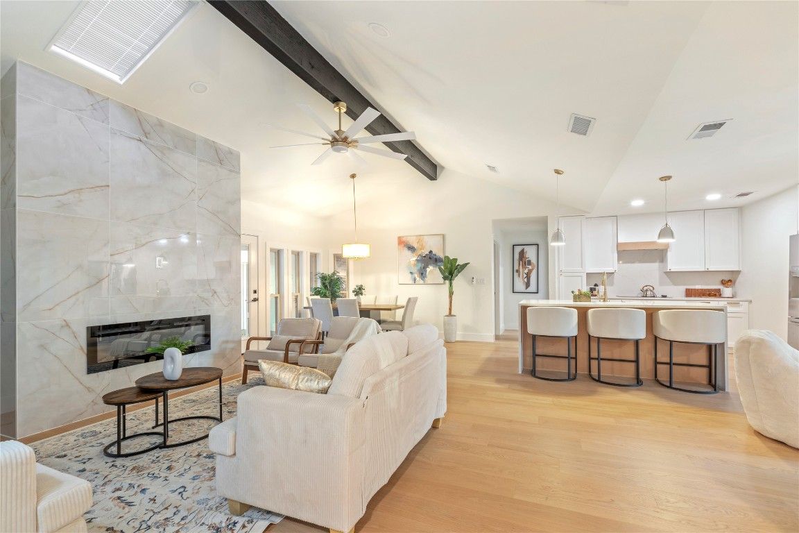 Dining room, Fireplace, Interior, Kitchen, Living room, Pendant Lights, Recessed Lighting, Wooden Beams, Wood Texture Flooring