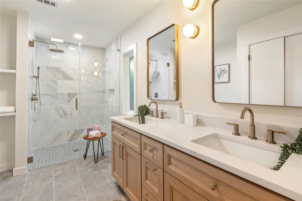 Bathroom, Dual Sink Vanities, Glass Shower, Interior, Marble Walls, Recessed Lighting