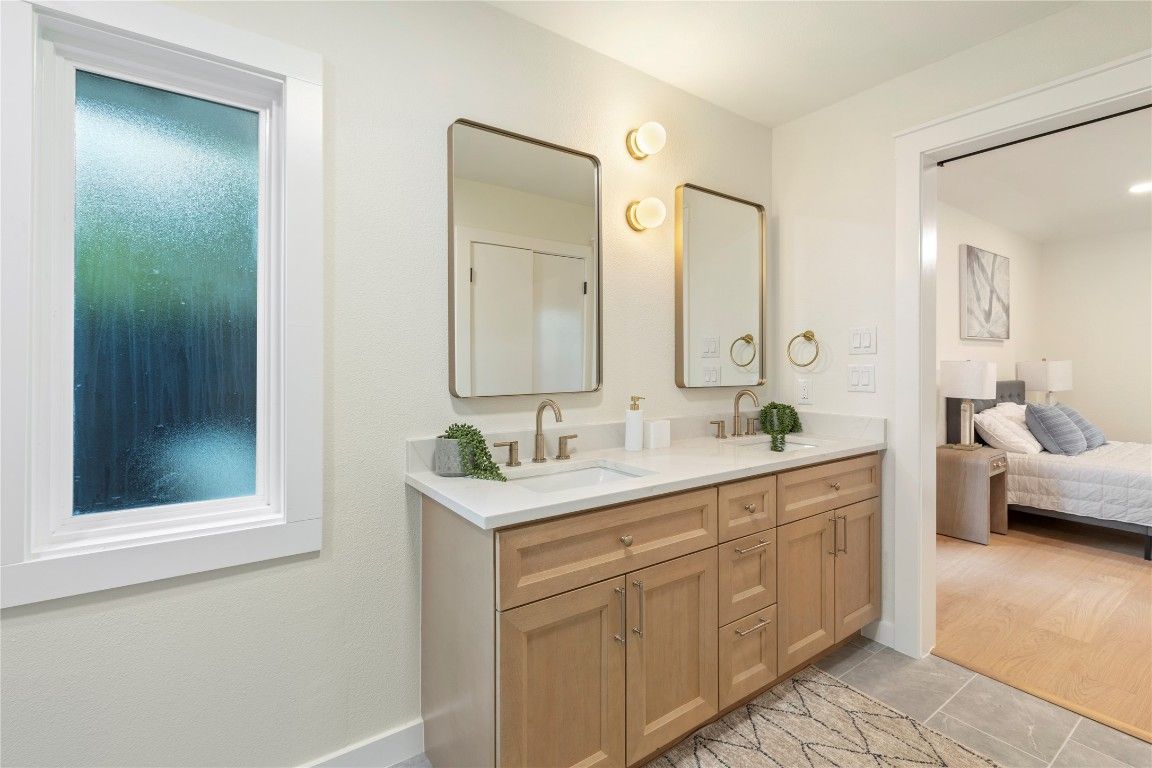 Bathroom, Bedroom, Dual Sink Vanities, Interior, Recessed Lighting, Wood Texture Flooring
