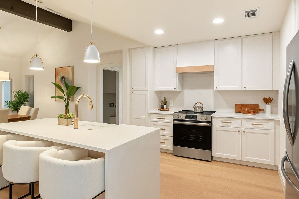 Interior, Kitchen, Pendant Lights, Recessed Lighting, Stainless Steel Appliances, Wooden Beams, Wood Texture Flooring
