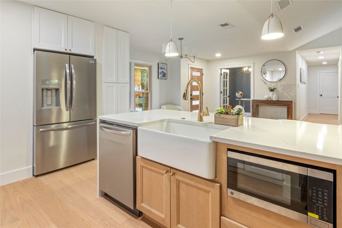 Interior, Kitchen, Pendant Lights, Recessed Lighting, Stainless Steel Appliances, Wood Texture Flooring