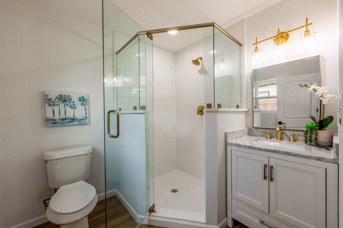 Bathroom, Glass Shower, Interior, Recessed Lighting, Wood Texture Flooring