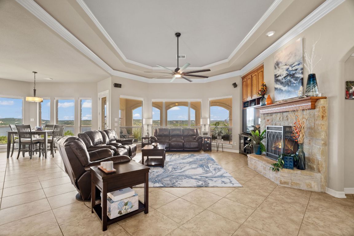 Dining room, Fireplace, Interior, Living room, Pendant Lights, Recessed Lighting