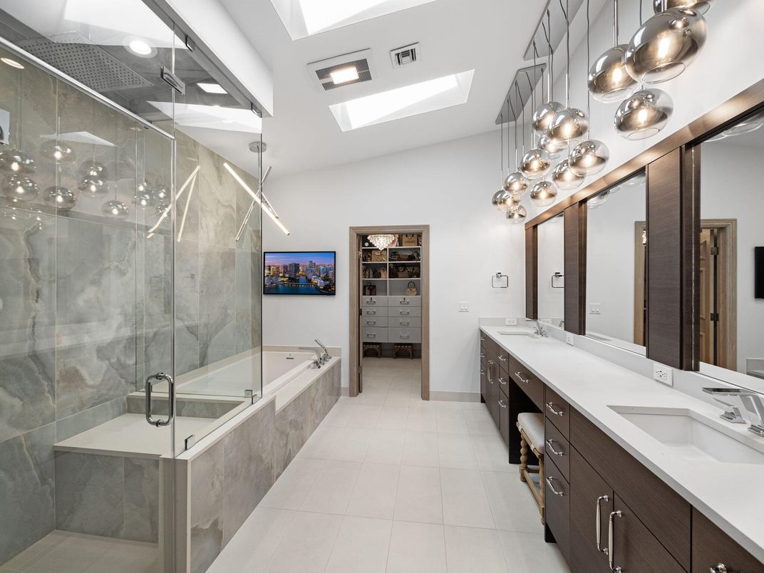 Bathroom, Dual Sink Vanities, Glass Shower, Interior, Pendant Lights
