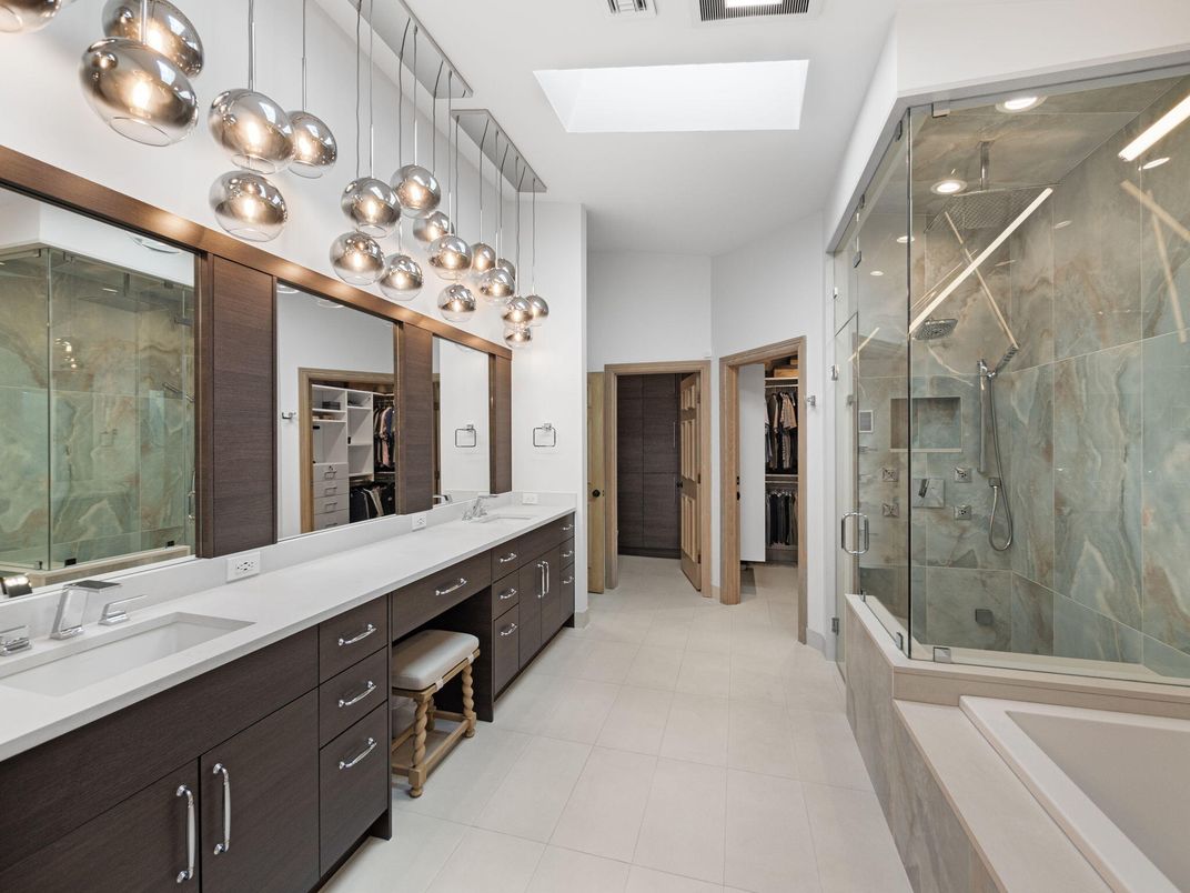 Bathroom, Dual Sink Vanities, Glass Shower, Interior, Pendant Lights