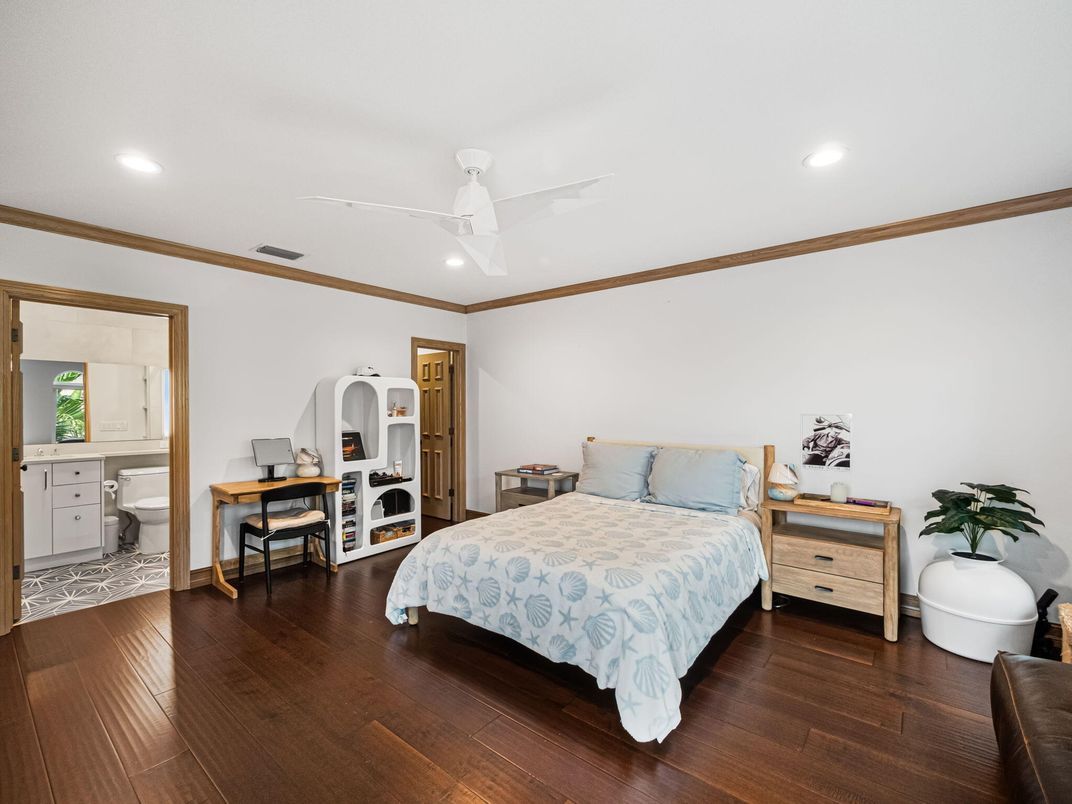 Bedroom, Interior, Recessed Lighting, Wood Texture Flooring