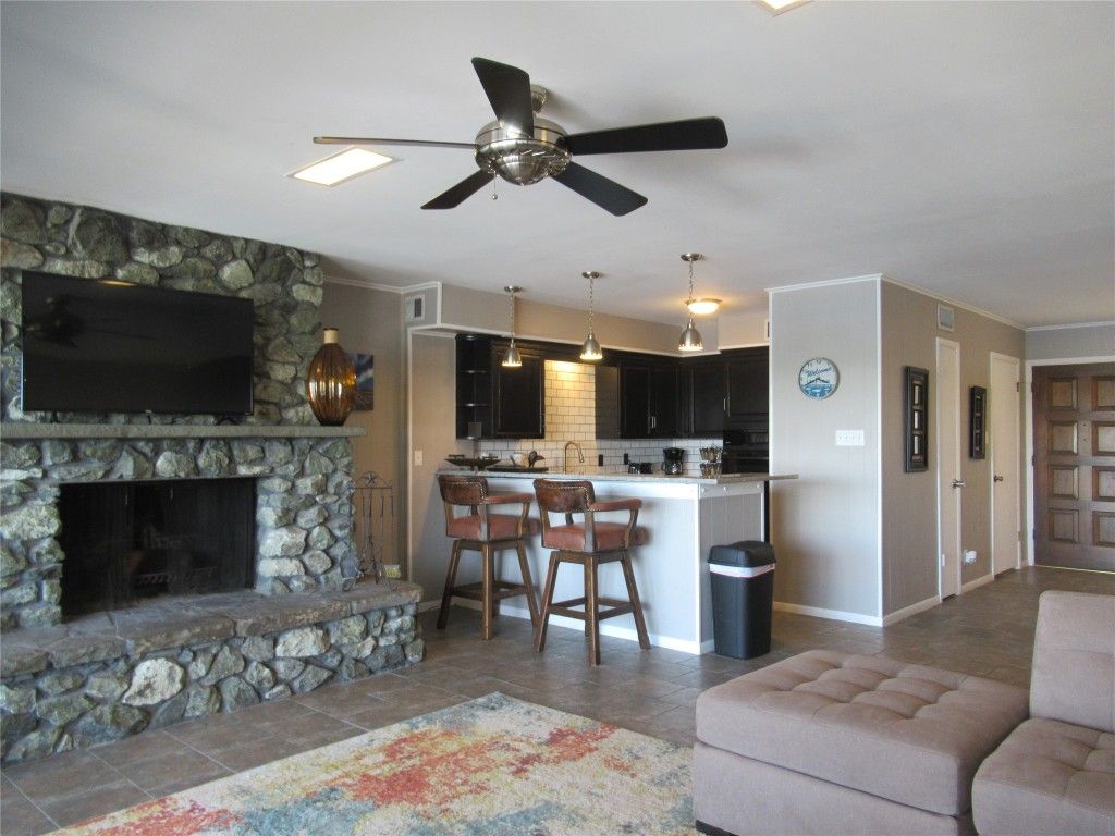 Fireplace, Interior, Kitchen, Pendant Lights, Stone Walls