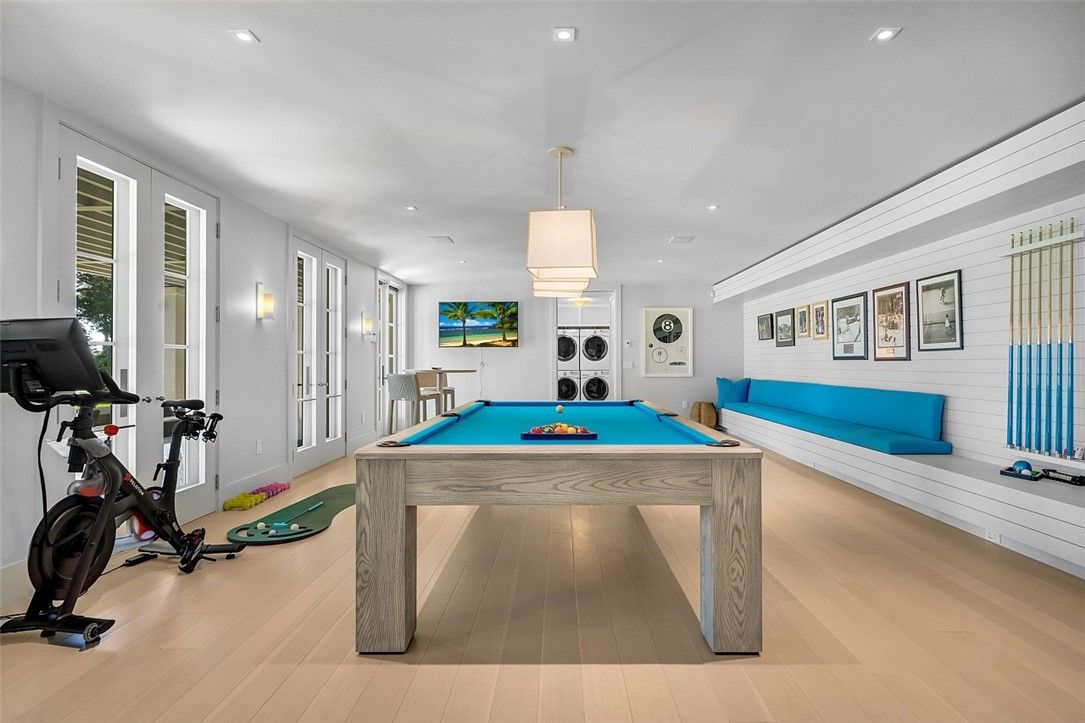 Billiard Table, Fitness Equipment, Game Room, Interior, Pendant Lights, Recessed Lighting, Wood Texture Flooring