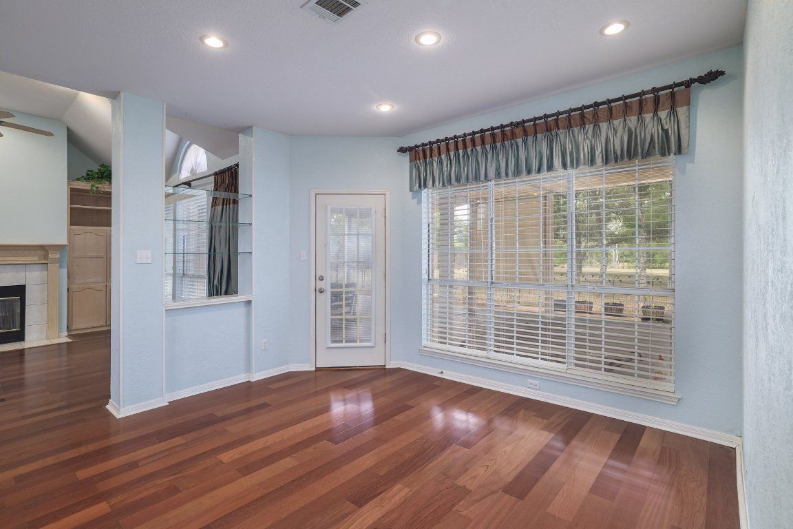 Empty room, Fireplace, Interior, Recessed Lighting, Wood Texture Flooring