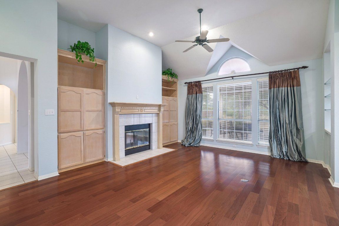 Empty room, Fireplace, Interior, Recessed Lighting, Wood Texture Flooring