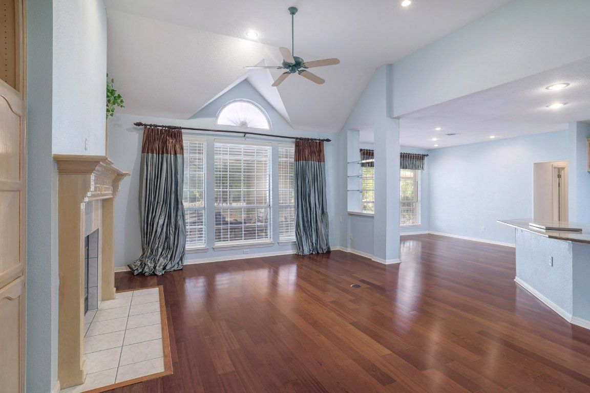 Empty room, Fireplace, Interior, Recessed Lighting, Wood Texture Flooring