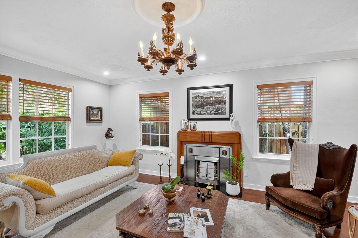 Chandelier, Fireplace, Interior, Living room, Recessed Lighting, Wood Texture Flooring
