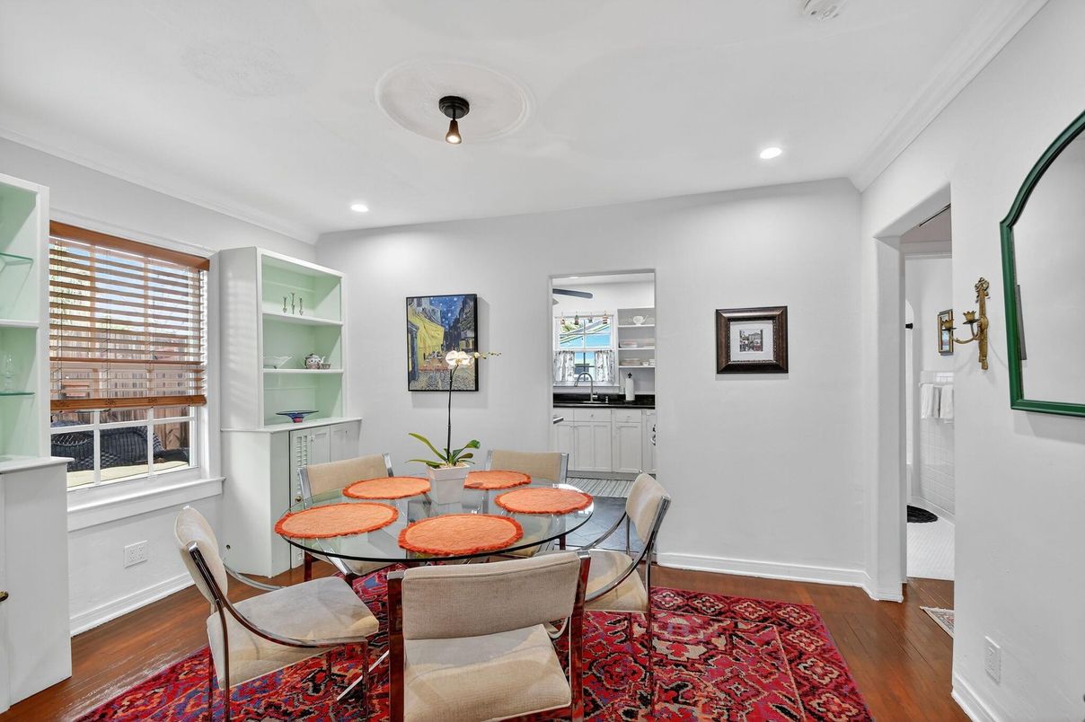 Dining room, Interior, Recessed Lighting, Wood Texture Flooring