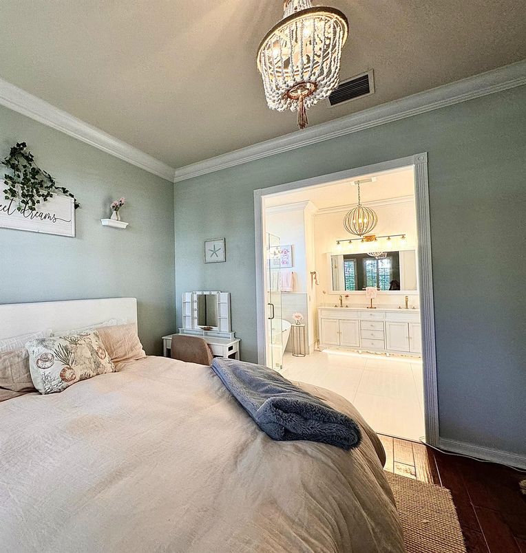 Bedroom, Chandelier, Interior, Wood Texture Flooring