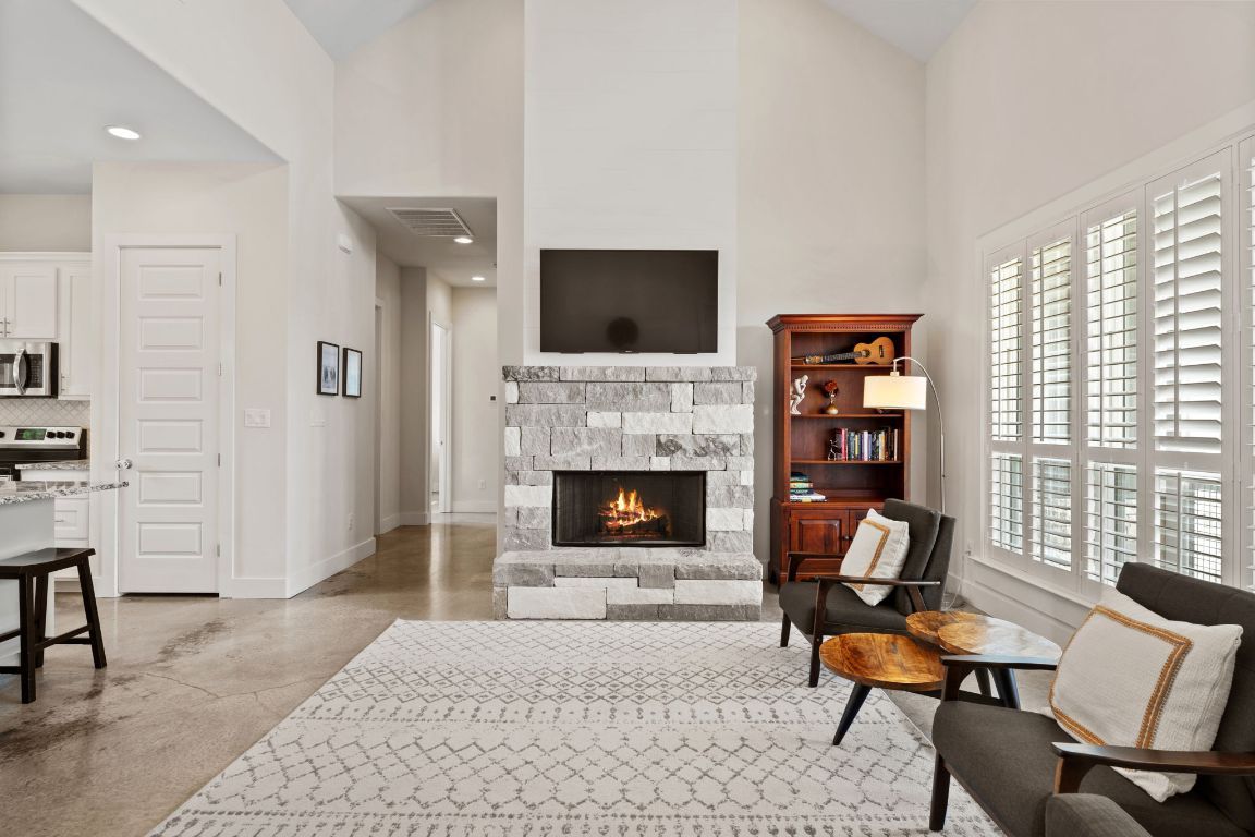 Fireplace, Interior, Kitchen, Living room, Recessed Lighting
