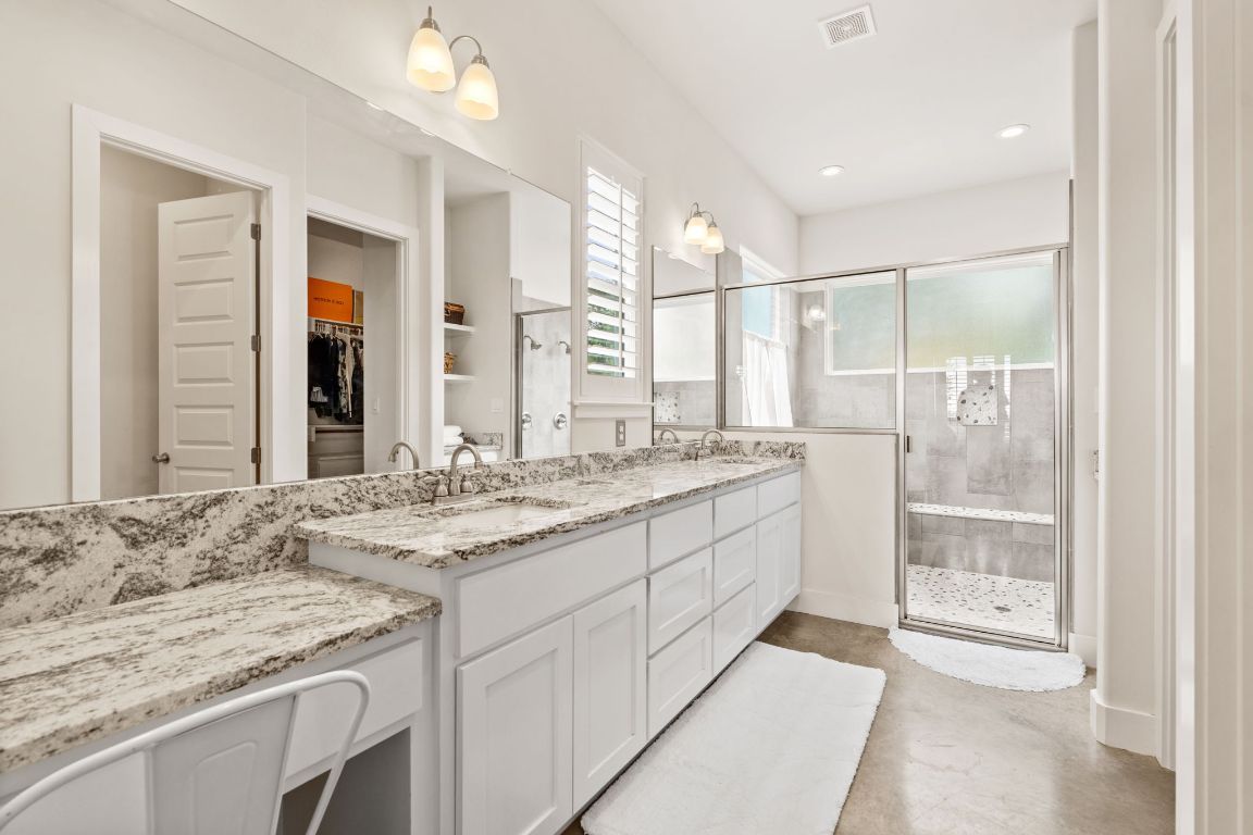 Bathroom, Dual Sink Vanities, Glass Shower, Interior, Recessed Lighting, Walk-in Closets